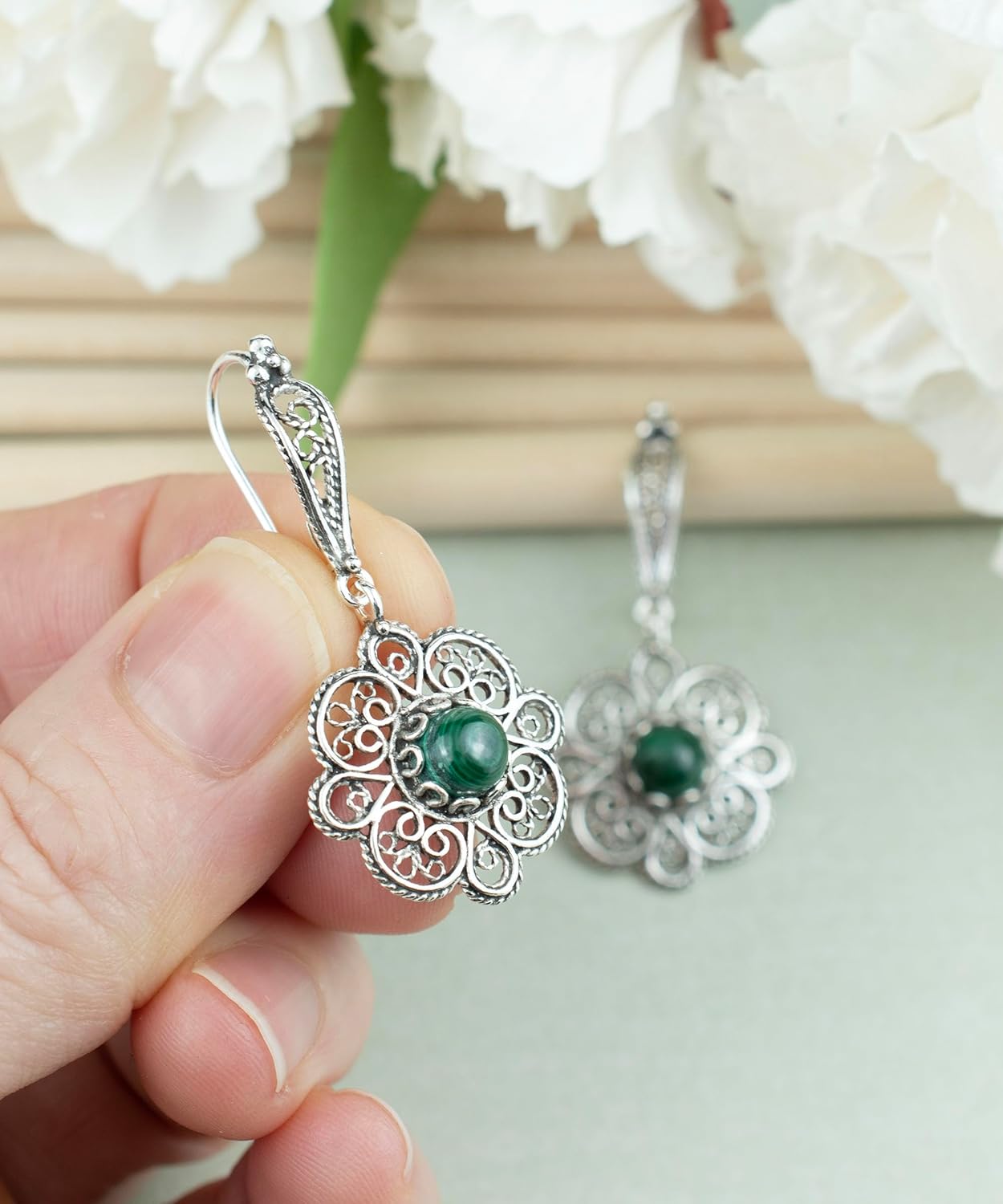 FILIGRANIST Sterling Silver Filigree Art Floral Design Woman Dangle Drop Earrings with Gemstones
