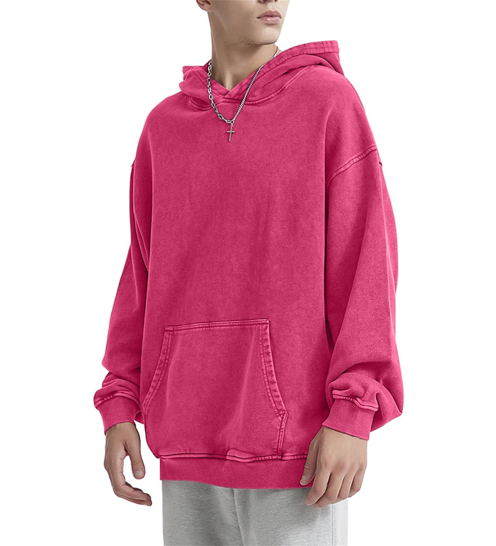 Felpa con cappuccio da uomo oversize unisex con lavaggio acido leggera in cotone vintage baggy lavato tempo libero hip hop con tasca top