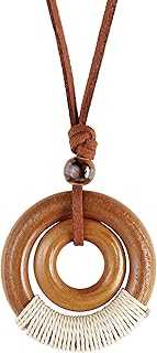 Ethnic Boho Chic Double Wooden Ring Circle Necklace, Vintage Bohemian Summer Statement Jewelry Gift for Women