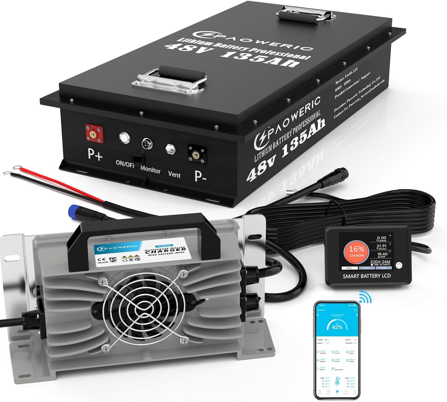 48V 135Ah LiFePO4 Lithium Battery with Charger, Built-in Smart 200A BMS, with LCD Monitor and APP, Max.10.24KW Power Output, Perfect for Golf Cart