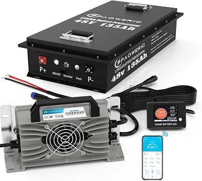 48V 135Ah LiFePO4 Lithium Battery with Charger, Built-in Smart 200A BMS, with LCD Monitor and APP, Max.10.24KW Power Output, Perfect for Golf Cart