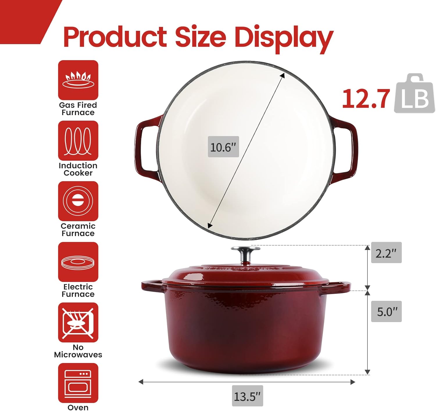 EDGING CASTING Enameled Cast Iron Dutch Oven Pot With Lid, Dutch Oven for Sourdough Bread Baking Round Pot Dule Handle, 6 Quart, Wine Red