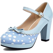 Sweet Womens Bowknot Polka Dot Mary Janes Block Heels Ankle Strap Mary Janes Pumps
