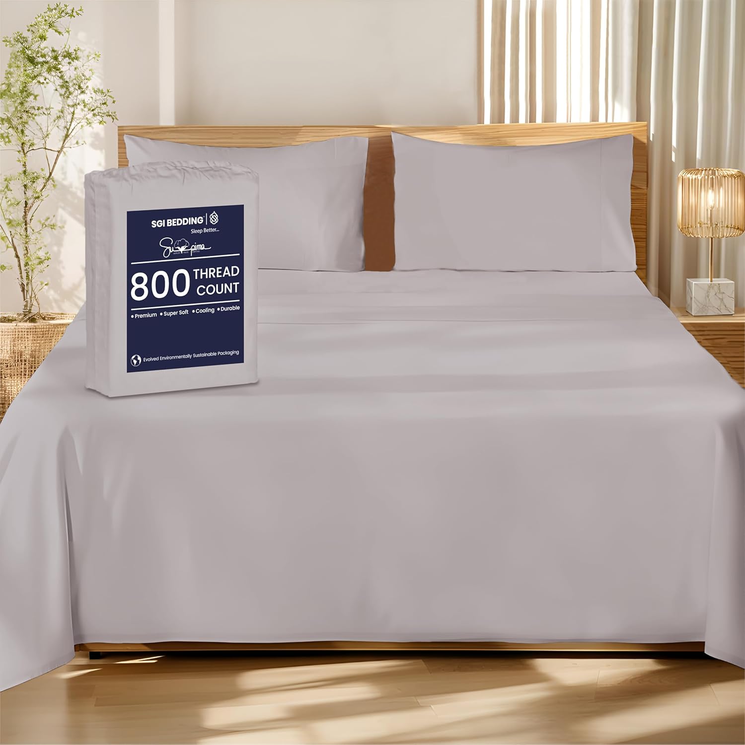 SGI 100% American Supima Cotton 800 Thread Count King Sheet Set – Luxury Sateen Weave, Ultra Soft, Breathable & Durable 4-Piece Bedding Set, Deep Pocket 15” Fitted – Hotel-Quality Light Gray Sheets