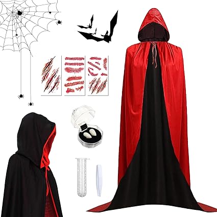 Mantello Da Vampiro Halloween Reversibile | Nero/Rosso, Unisex, Con Cappuccio 150 Cm - Foto 5