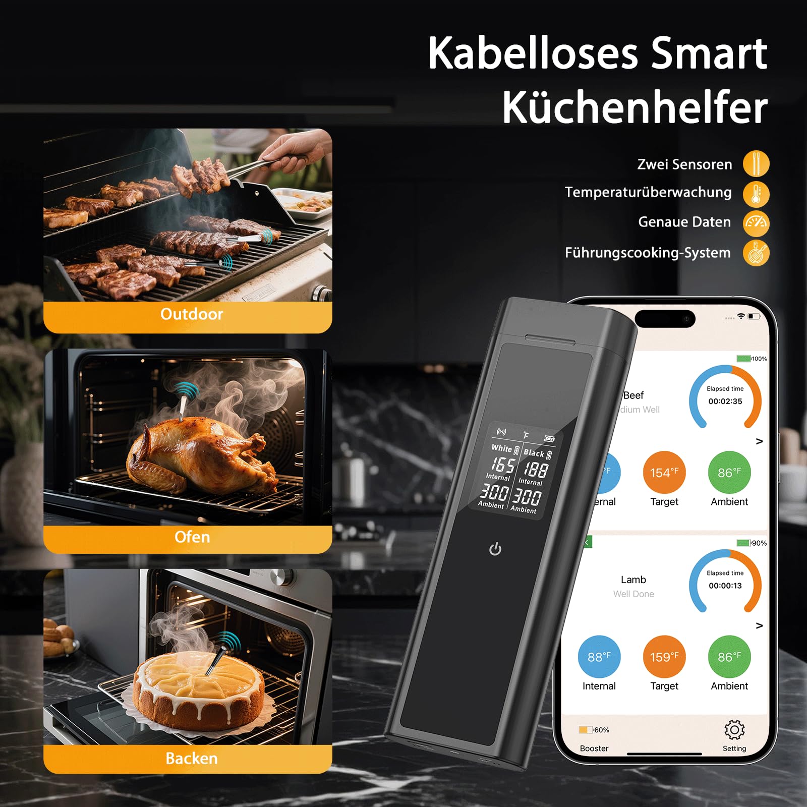 BlueSwan Grillthermometer Kabelloses LCD Fleischthermometer, 2Pcs Spülmaschinenfeste IP67 Sonden, 48h Akku, Magnetbox, 150m Bluetooth App mit 9 Grillmodi, Bratenthermometer für BBQ, Ofen, Grill, Küche