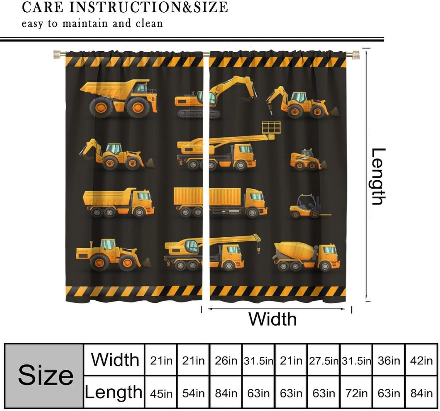 Construction Car Curtains for Kids Boys Bedroom, Cartoon Black Yellow Excavator Tractor Construction Truck Print Blackout Window Drapes for Toddler Nursery Boys Room, 42" W X 63" L