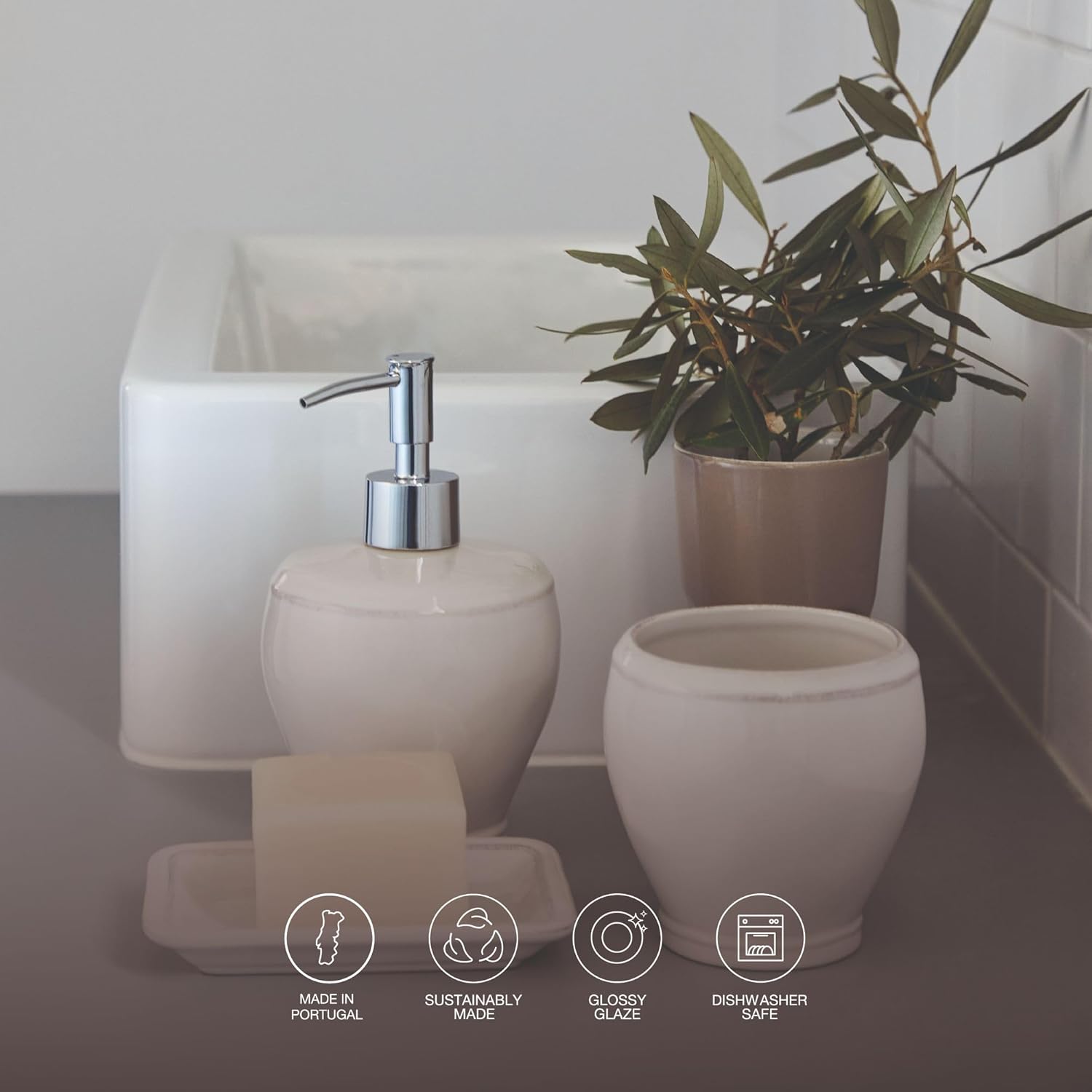 Casafina Ceramic Soap & Lotion Pump Dispenser - Fontana Collection, White | Stoneware Bathroom Accessories | Quality Bath Decor | 4'' x 4.25'', 14 oz.