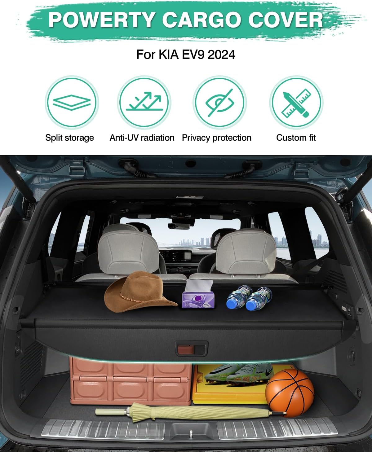 Powerty Retractable Cargo Cover for Kia EV9 2024 2025 2026-Canvas Texture Trunk Cover Privacy Screen Rear Security Shade for EV9 Accessories