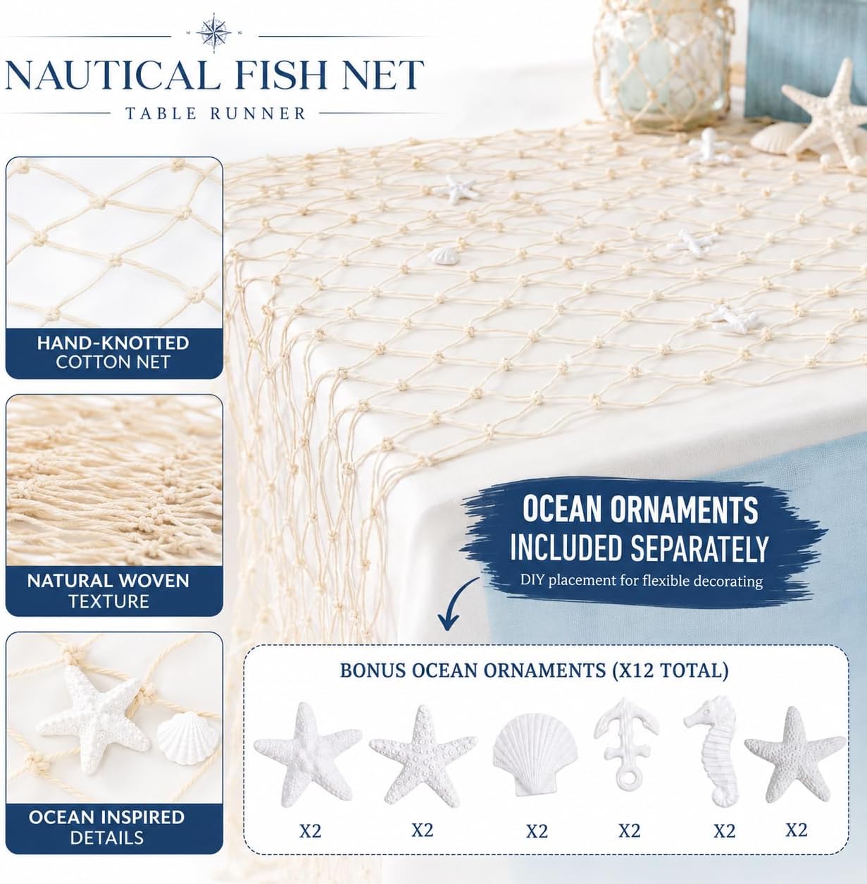 3 PCS Fish Net Party Decorations with Shell and Starfish Decor, Nautical Fishing Net Table Runner for Ocean Theme Party, Beach Wedding, Mermaid Birthday, Coastal Home Decor