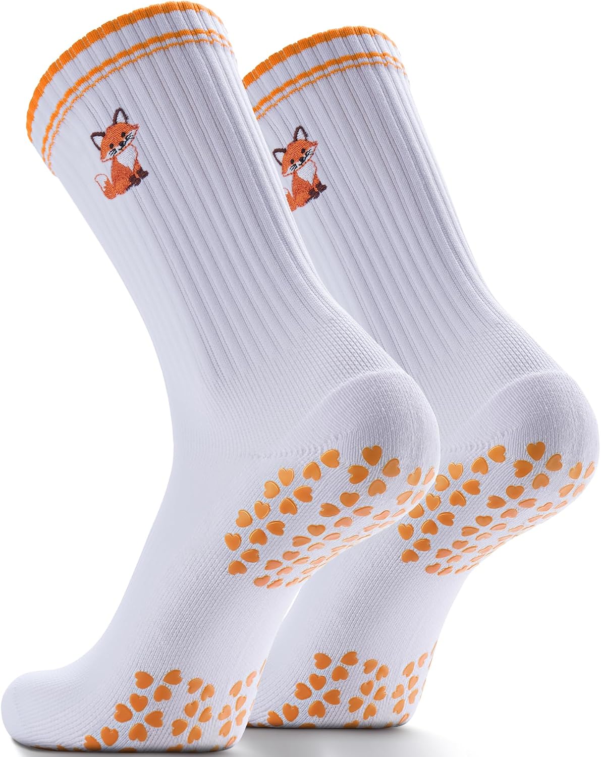 Non-Slip Pilates Grip Socks for Women - Embroidery Crew Sock with Sticky Sole, Ideal for Yoga, Workout, & Barre