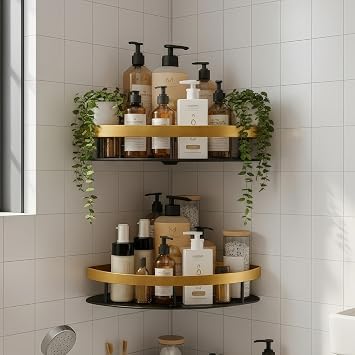 MIORAH Self Adhesive Adjustable Bathroom Organizer Corner Shelf – Rustproof Powder Coated Aluminium…