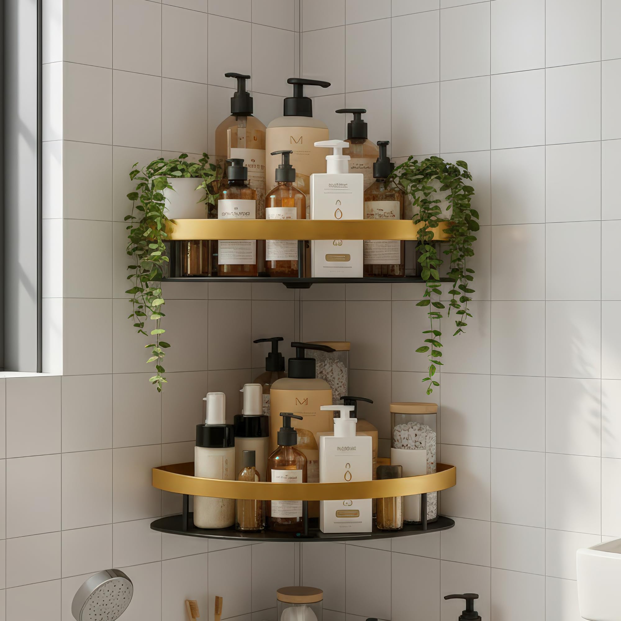 MIORAH Bathroom Accessories Set | Rustproof Bathroom Shelves | No Drilling Shelf | Gold Black Aluminium | Pack of 2-image-35