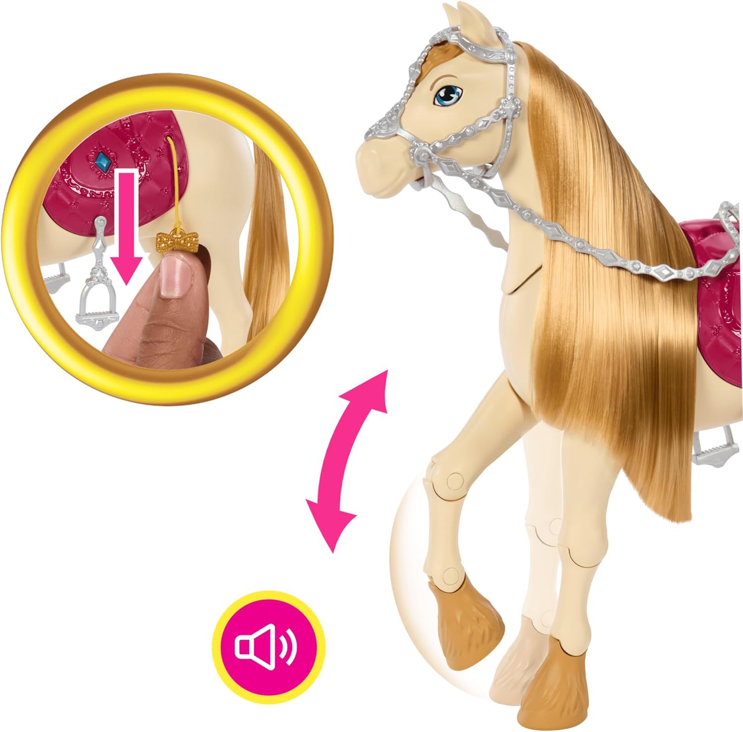 Barbie horse with legs bent, appearing to dance, with a hand pulling a tassel.