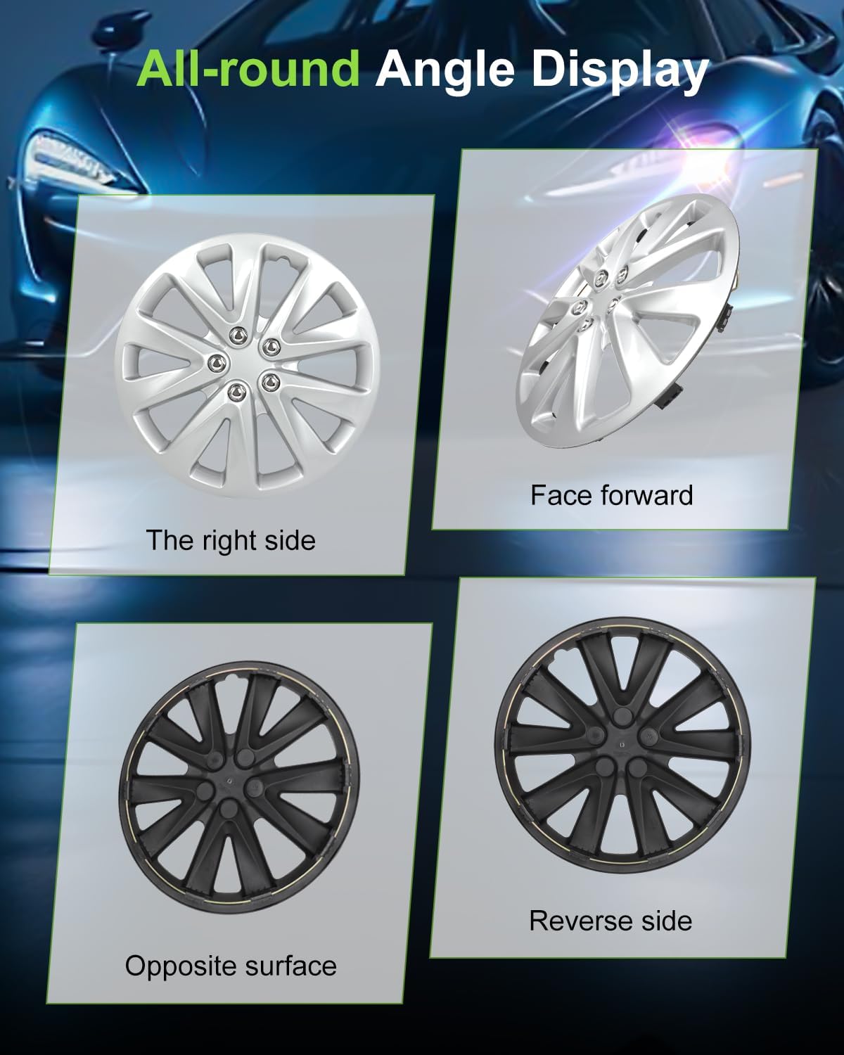 SCITOO(16-Inch) Snap On Hubcap Auto Tire Replacement Exterior Cap Snap On Cars, Trucks, SUVs Silver Wheel Cover Set of 4 Pieces