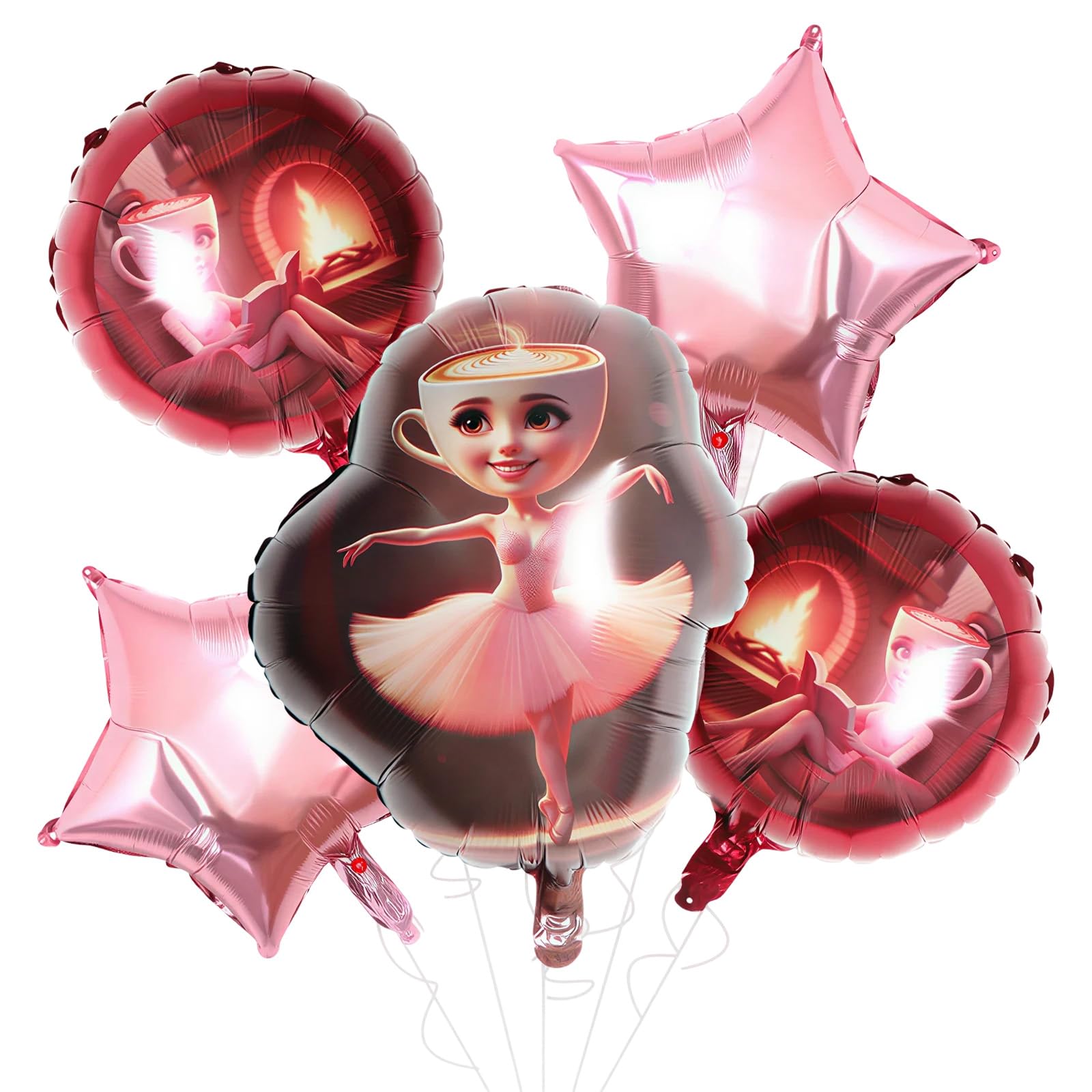 Brain Rot Foil Balloons 5 PCS Ballerina Cappuccina Pink Birthday Decorations BrainRot Birthday Decorations for Girls Kids Funny Brain Rot Party Decorations