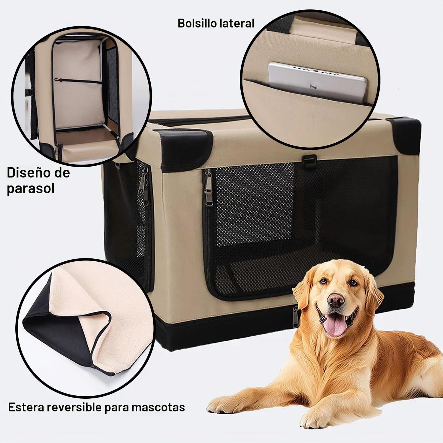 Transportin Perro Grande,Caja Plegable para Perros Medianos,Bolsa Plegable,Ventanas de Red Resistentes y Inserto de Cama de Felpa para Casa y Viaje(82x59x59 cm)