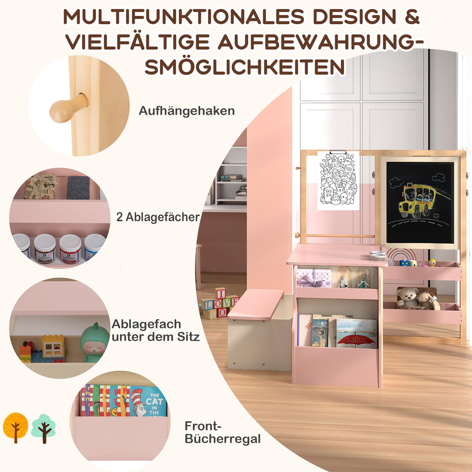 COSTWAY 6 in 1 Kinder Staffelei Set, Standtafel aus Holz mit doppelseitiger Kreidetafel & Whiteboard & Papierrolle, Kindertafel höhenverstellbar mit Bank, Ablagen für Kinder ab 3 Jahren (Rosa)