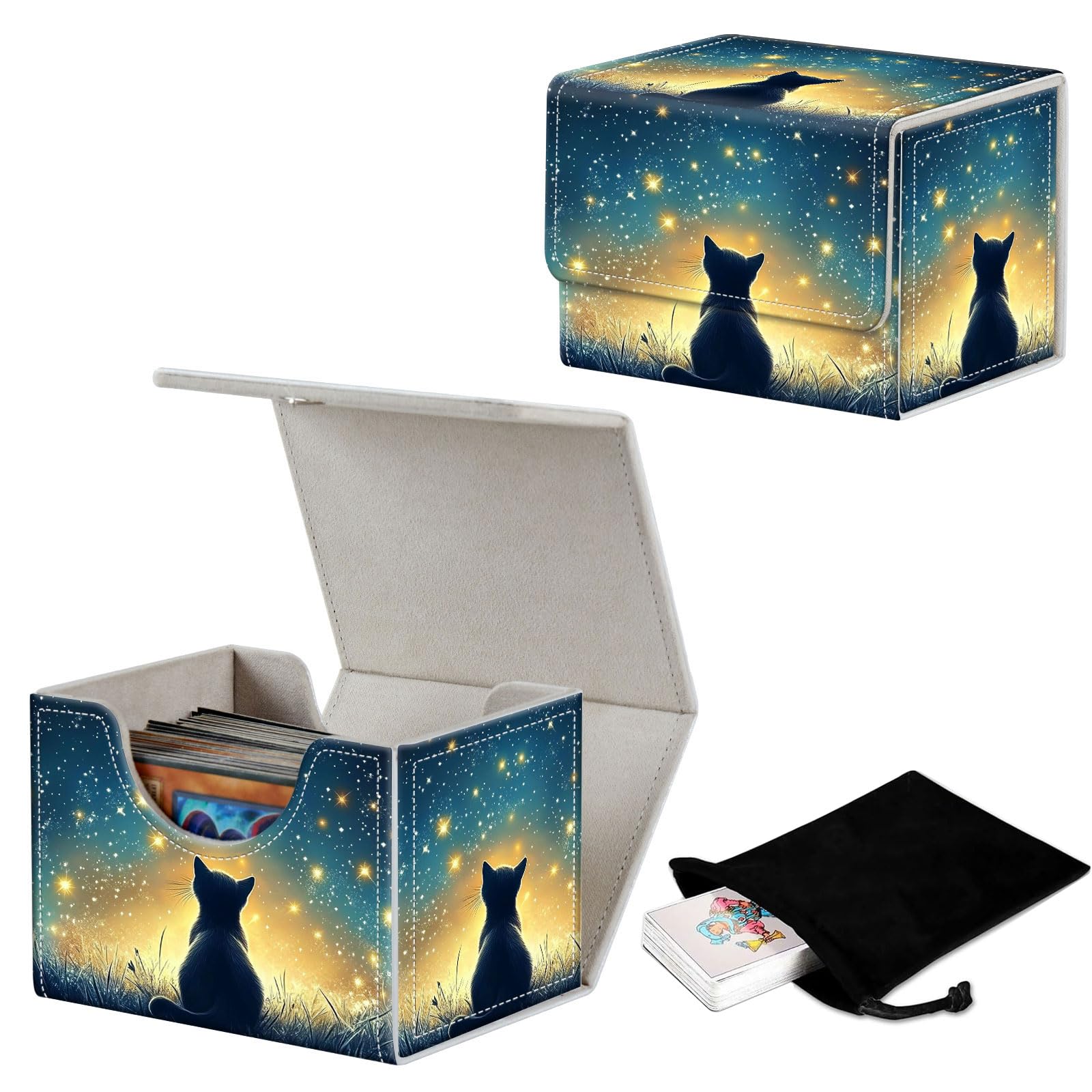 GYSYZJDH Stylish MTG Deck Box for 110+ Cards, Magnetic Commander Deck Case with Bonus Game Card Pouch, Durable Storage for TCG and Sleeved Magic Cards, Black Cat