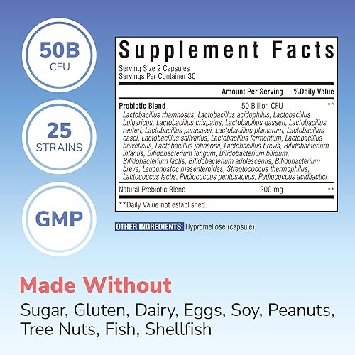 Miniatura 2 de Probiótico para mujeres y hombres, 50 mil millones de UFC, 25 cepas diversas más prebióticos, para salud digestiva y apoyo inmunológico, liberación