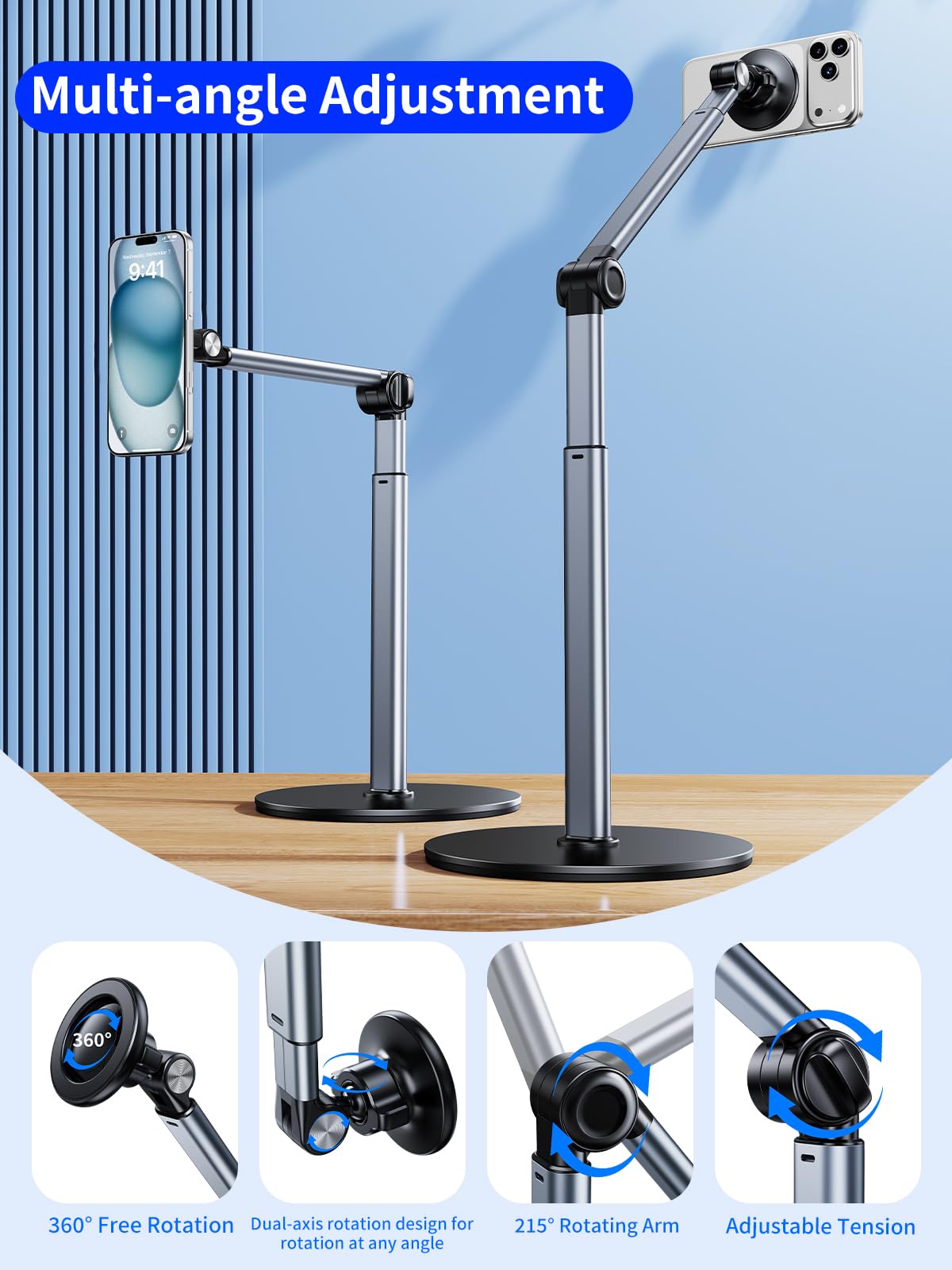 Magnetischer Überkopf-Telefonständer für Aufnahmen, Aluminium Höhenwinkelverstellbare Telefonhalterung für Schreibtisch mit flexiblem Arm, iPhone Stativhalterung für Videoaufnahmen, Kochen