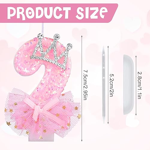 Miniatura 2 de Velas de número de cumpleaños, velas de malla con lazo de corona de 2.95 pulgadas, velas de números rosas con purpurina, velas de cumpleaños con