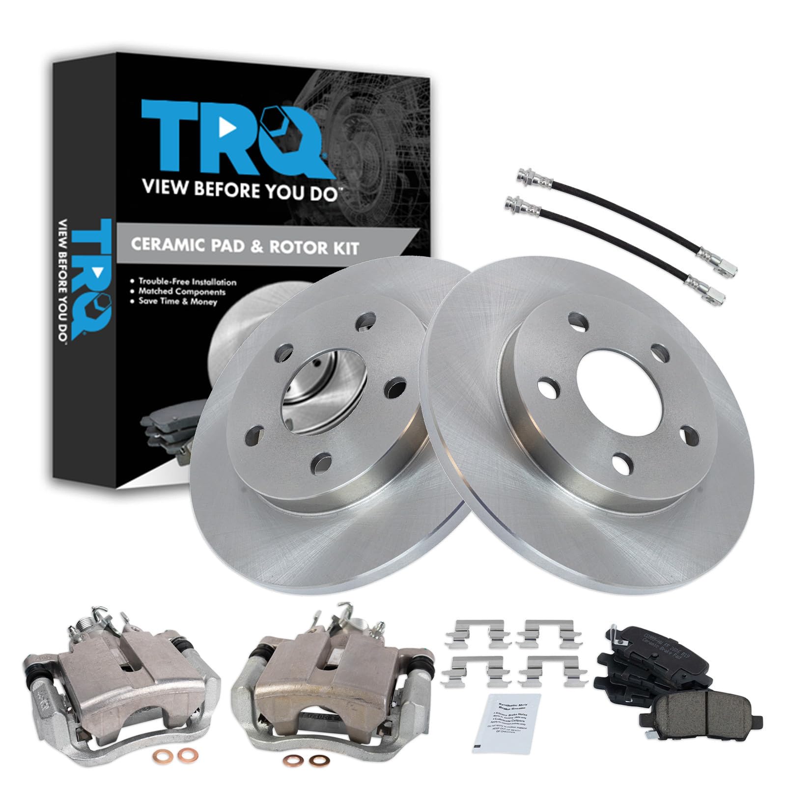 TRQ Rear Brake Pad and Rotor Set Ceramic Rotors Calipers Compatible with 2004 Pontiac Grand Prix