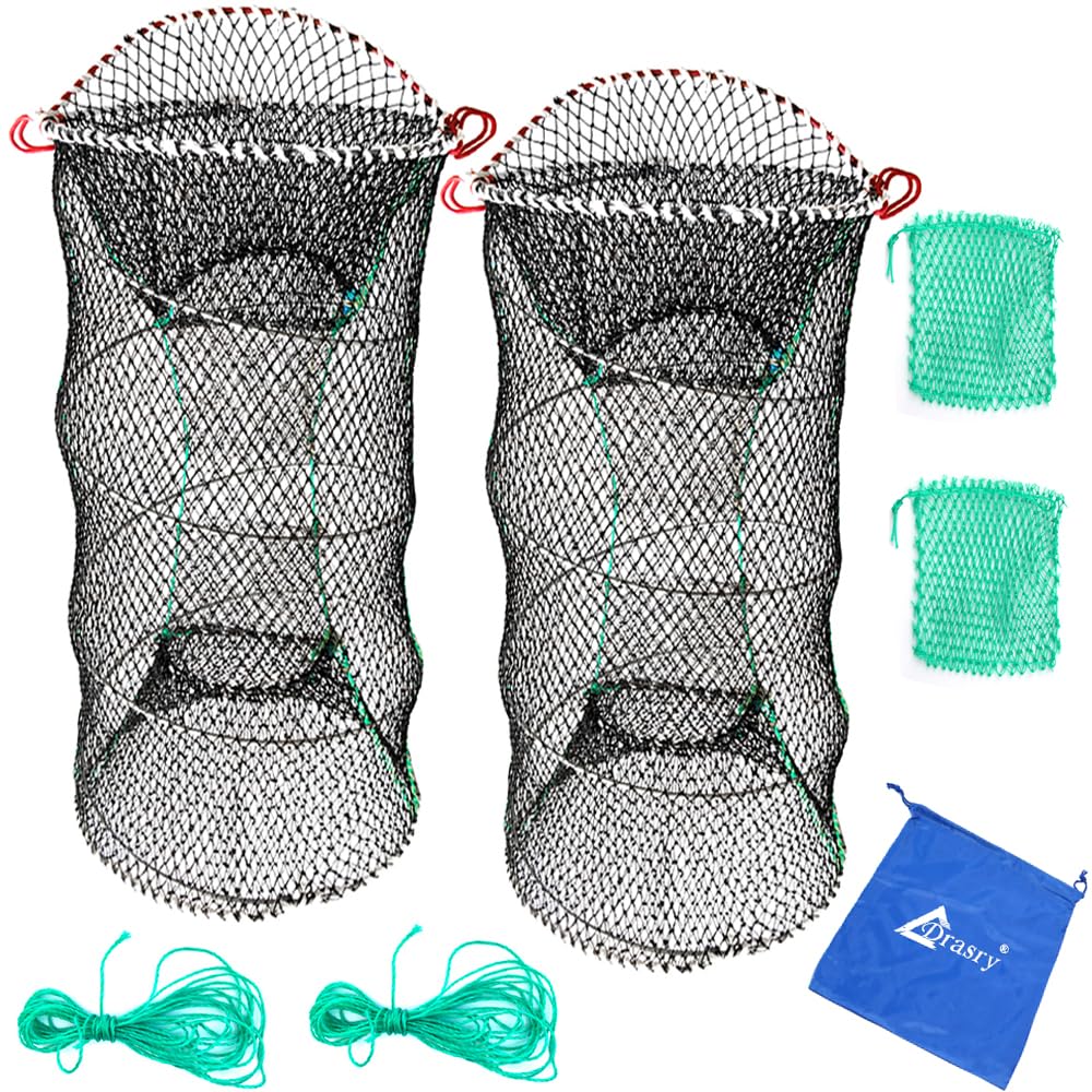 Drasry Crab Trap Bait Lobster Crawfish Shrimp Portable Folded Cast Net Collapsible Fishing Traps Nets Fishing Accessories Black (2 Pieces 23.6" x 11.8" (60cm x 30cm))