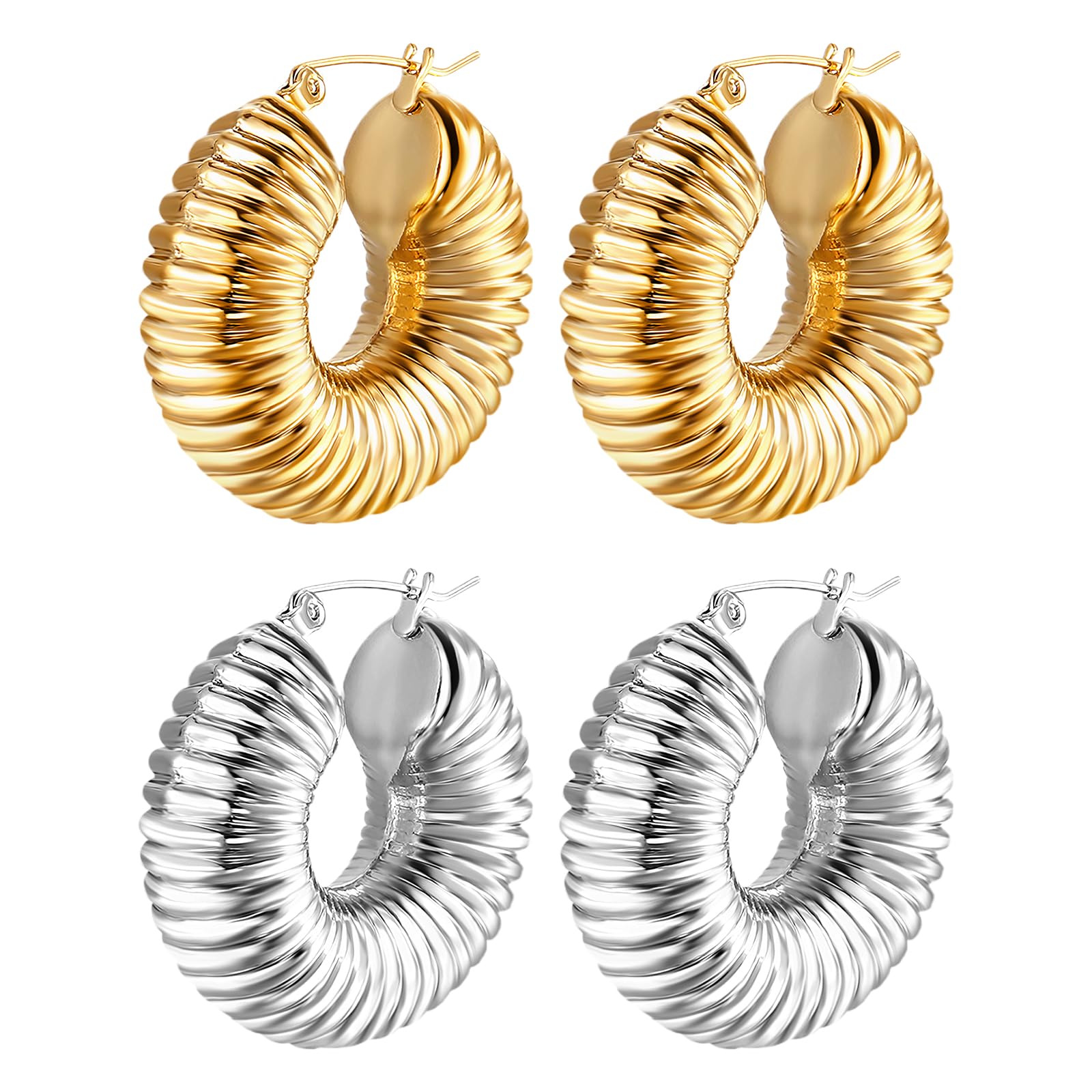 JewelryWe Dick Creolen Damen Ohrringe: 2 Paar Edelstahl Chun