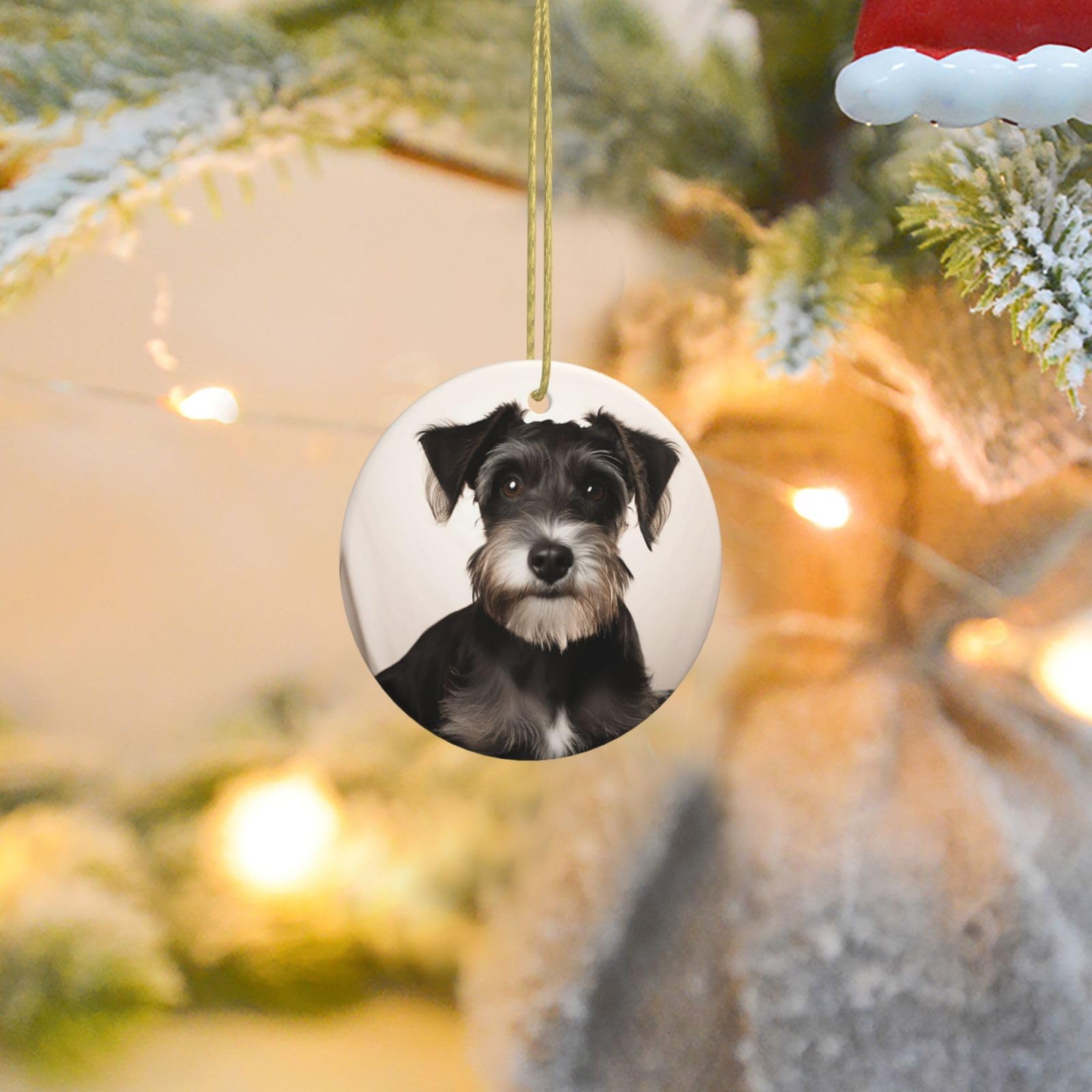 Christmas Ornaments for Christmas Tree Decoration Ceramic Hanging Cute Schnauzer Ornament with Gold Ribbon Crafts Round Pendant for Keepsake Gifts Glass Xmas Decor Party Supplies