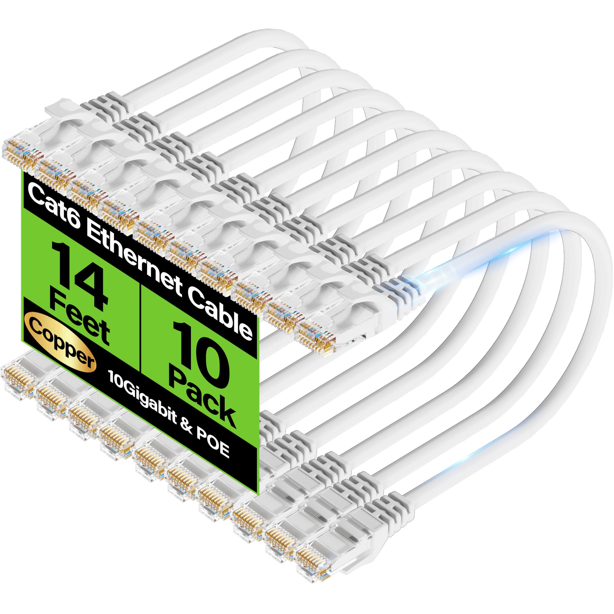 Cavo Ethernet Cat6, 10 Gbps, 4,3 m (confezione da 10), cavi patch flessibili in rame nudo Cat6, cavo Ethernet UTP Cat 6, cavo di rete antigroviglio per server, data center, bianco