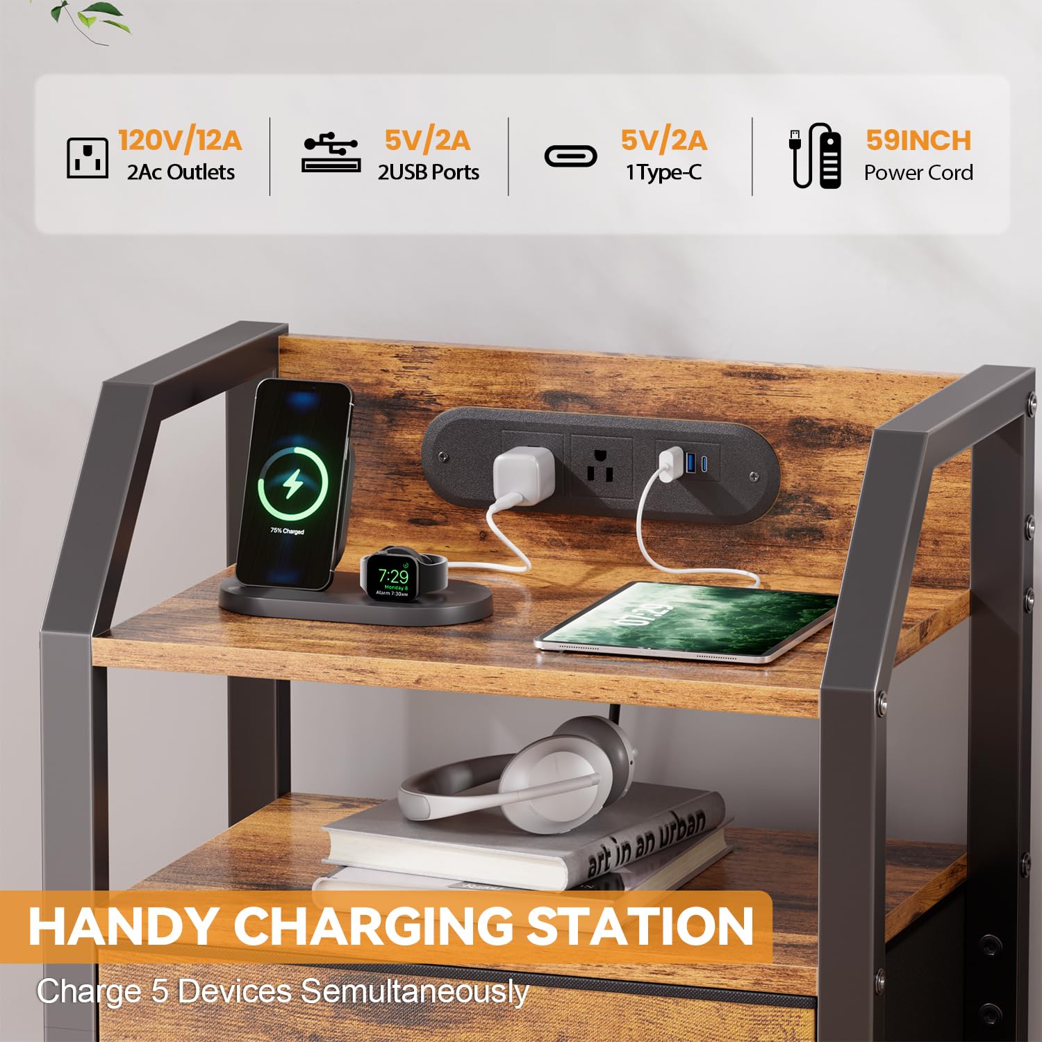 HLDIRECT Comodino con stazione di ricarica, comodino a LED con cassetto in tessuto e ripiani portaoggetti, comodino con porte USB e prese per camera da letto, tavolino per soggiorno (marrone rustico)