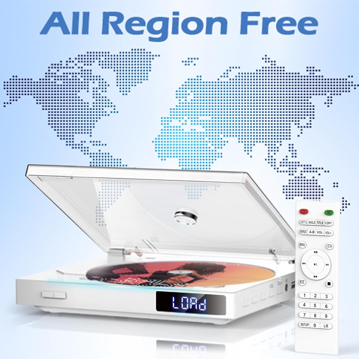 Image showing a world map with dots, indicating the DVD player's region-free capability.