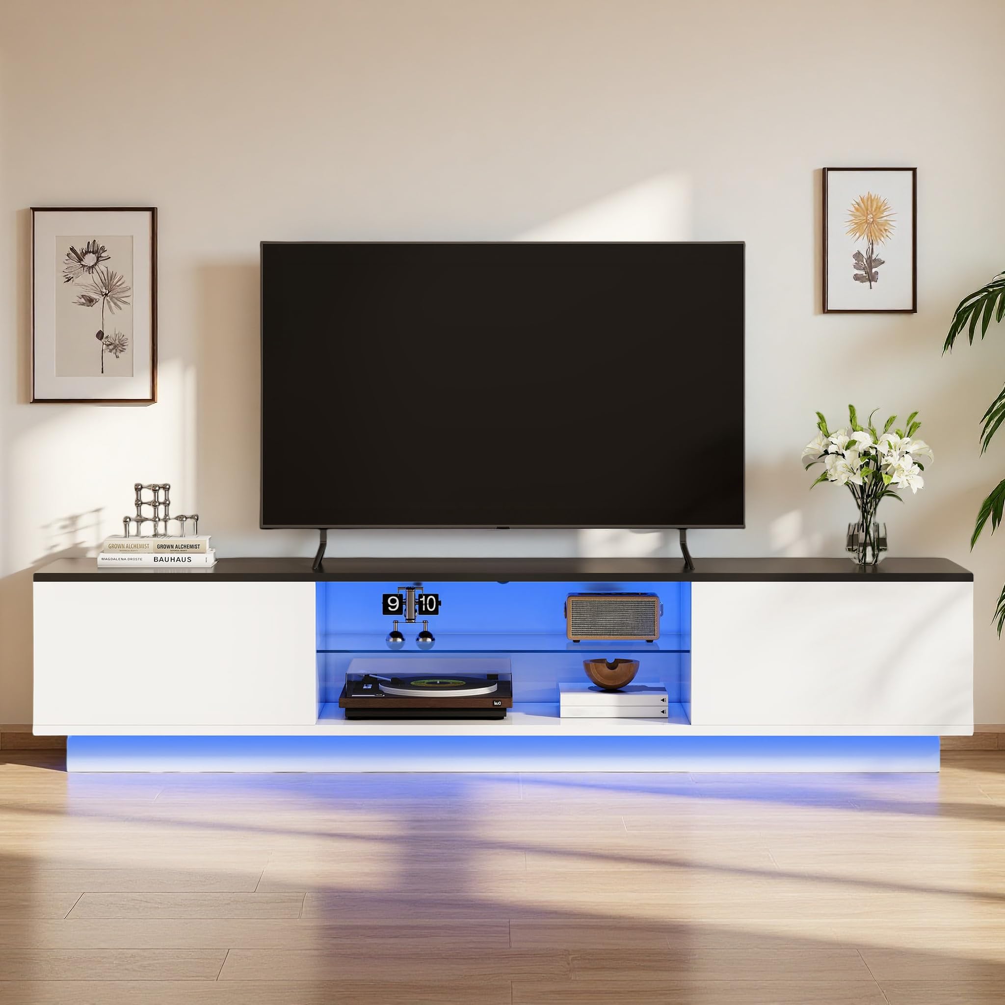 Mobile TV 160 cm, Mobile Tele con luci LED, Panca TV Bianco con Spazio di Conservazione, per TV fino a 65 pollici, Design moderno, Armadio-TV per Soggiorno, Camera da letto (Bianco-160 cm)