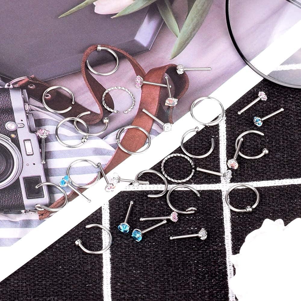 YOFANST 20G Nose Ring Hoop Septum Rings L-Shaped S-Shaped Nose Pin Studs Bone Tragus Cartilage Rings