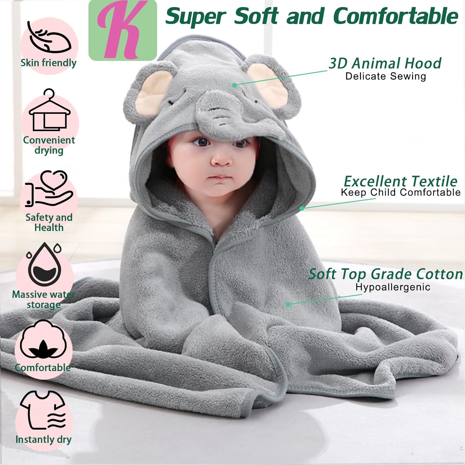 kmilro Baby Hooded Towels 4 Pack Unisex Bath Essentials 31.5x31.5 in Coral Fleece Super Soft Absorbent Baby Towels Newborn Necessities Gift Baby Stuff Towel with Hood for Boy, Girl, Babies, Toddlers