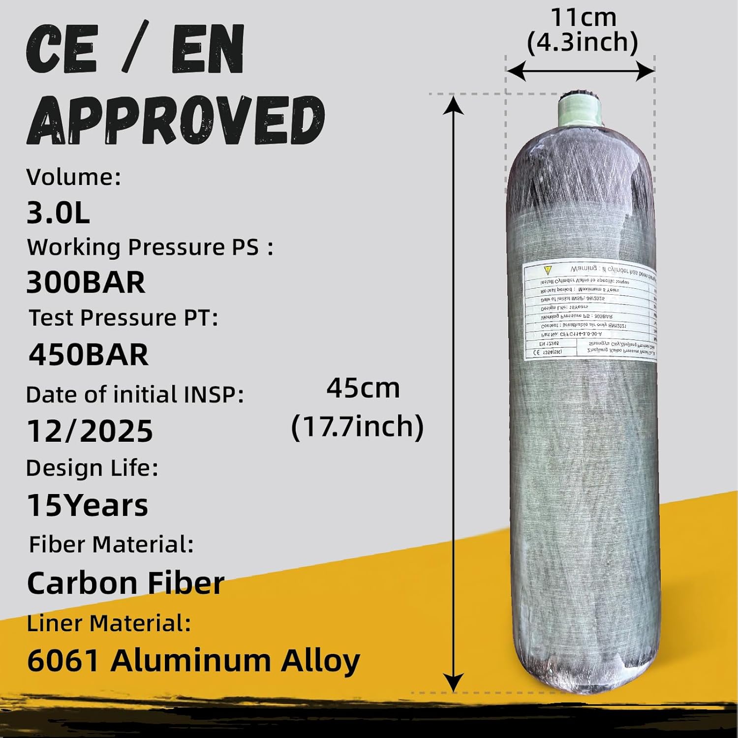 3L/183ci CE Carbon Fiber Tank 4500psi Pcp Tank with Dual Gauge Valve Lightweight HPA/Scuba/Paintball Air Tank Fill Station