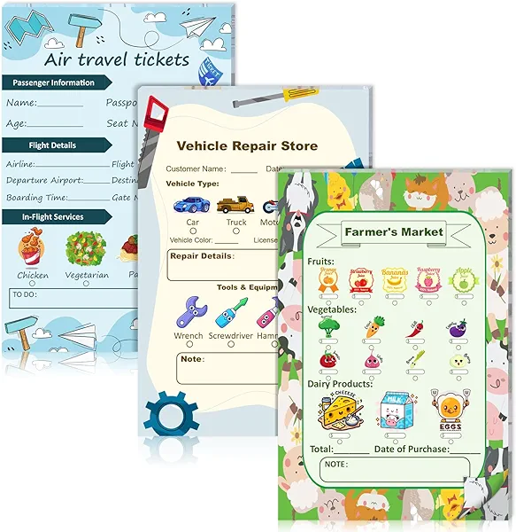 OKWUYiK 3 Pack Kids Pretend Play Notepads Playtime Notepads Kids Playtime Pads Pretend Play Notebooks 4X6 Inch 30 Sheets Each Role Play Game for Toddlers Boys Girls