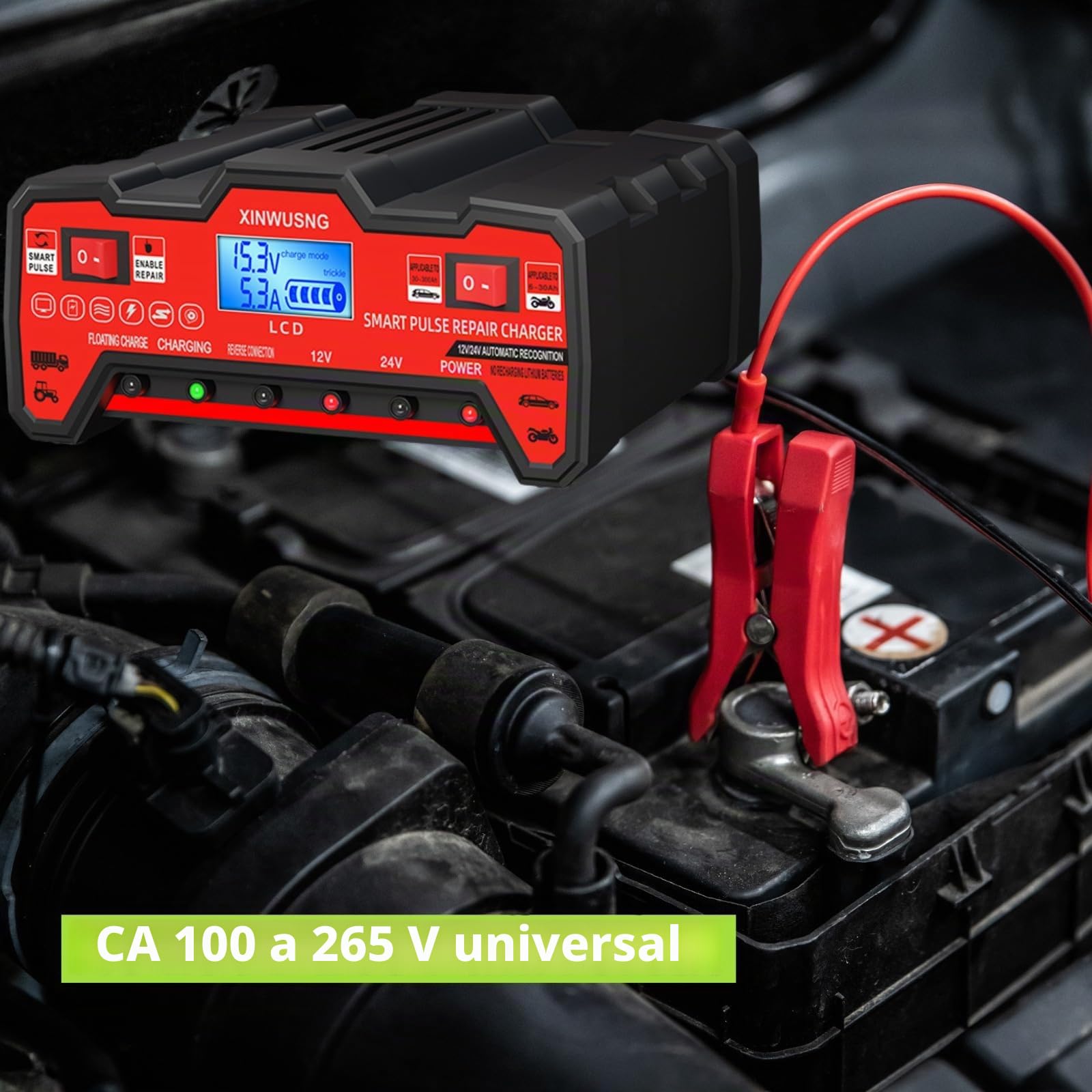 Cargador Baterías Coche- 12V/24V 900W Alta Potencia – para Coche,Moto,Tractor y camion – Compatible con Baterías de Plomo-Ácido, Reparación Inteligente por Pulso, LCD Digital -Cargador bateria Moto-