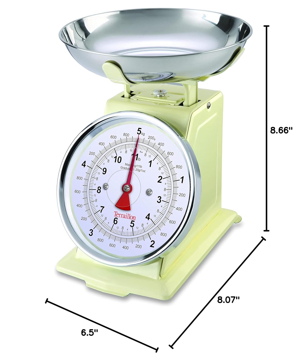 TERRAILLON Vintage Kitchen Scales – Manual Tare – Large Dial and Bowl 1 L, Load 5 kg – Model 'Tradition 500' Cream