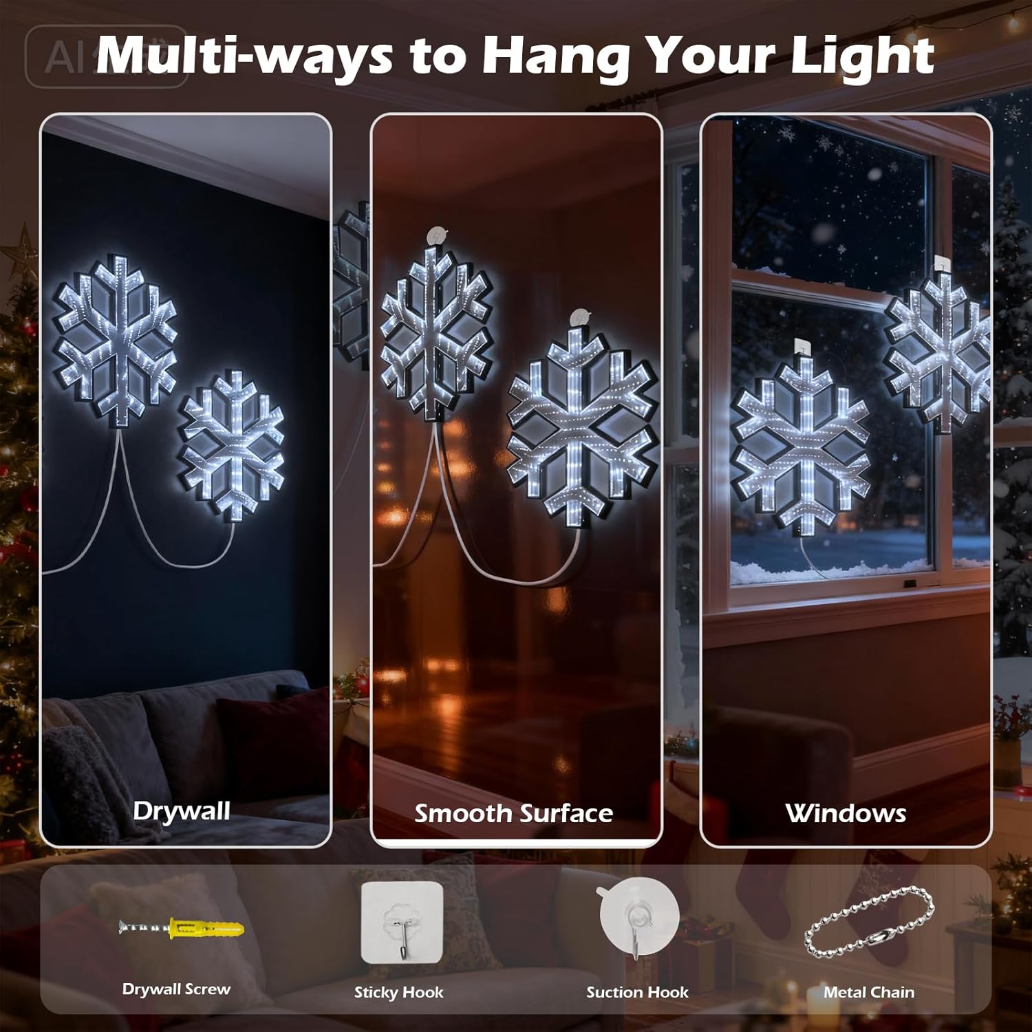 LED Christmas Decoration-3 Pack Window Lights,3D Infinity LED Mirror Light Hanging Snowflake Large Light Up Display with 2M Power Cord for Indoor Holiday Wedding Party Xmas Tree Garden Decorations