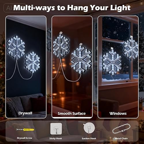 Miniatura 7 de Decoración LED de Navidad, paquete de 3 luces de ventana, luz de espejo LED infinito 3D, copo de nieve, pantalla grande con cable de alimentación de