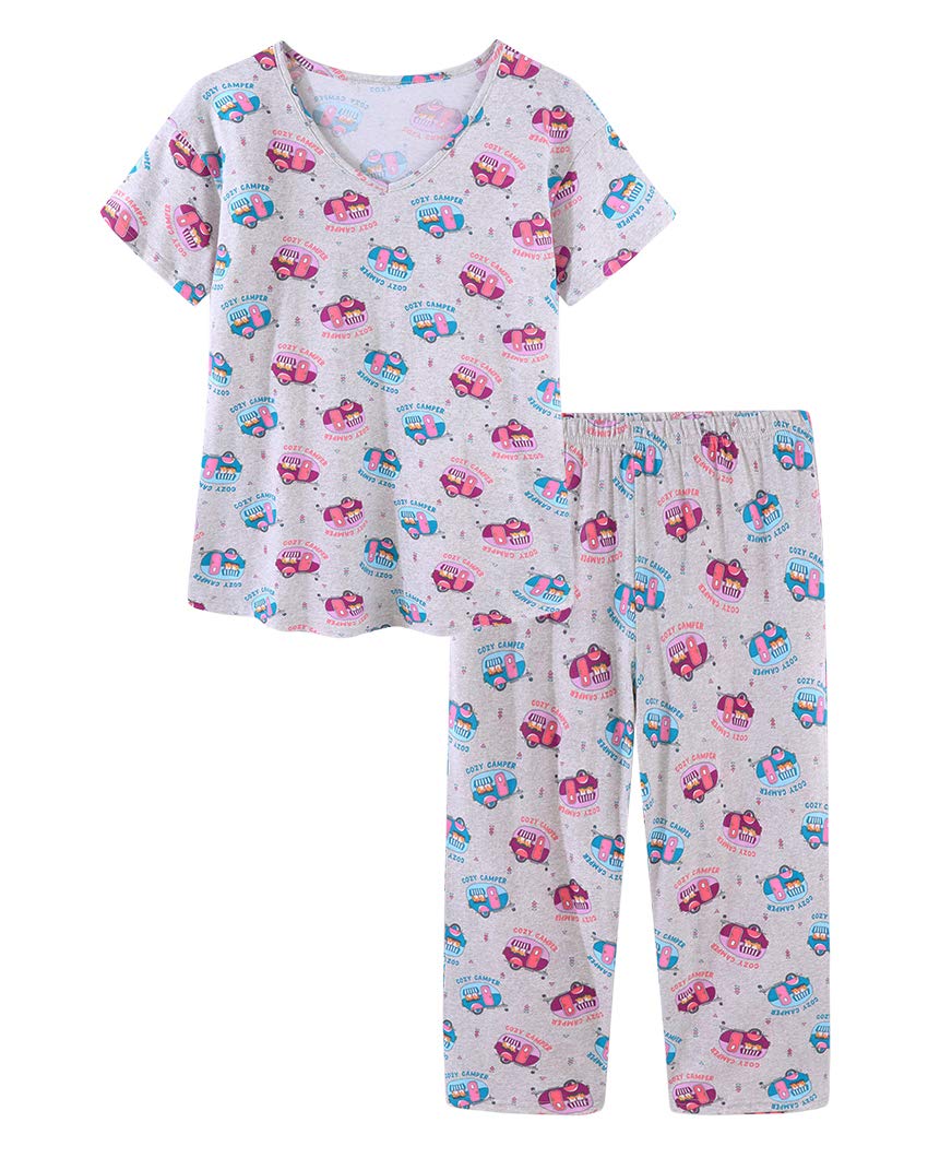 CHUNGWomen Cotton Pajama Sets Sleepwear pjs Short Sleeve Shirt Capri Length Crop Pants Cute Vivid Print