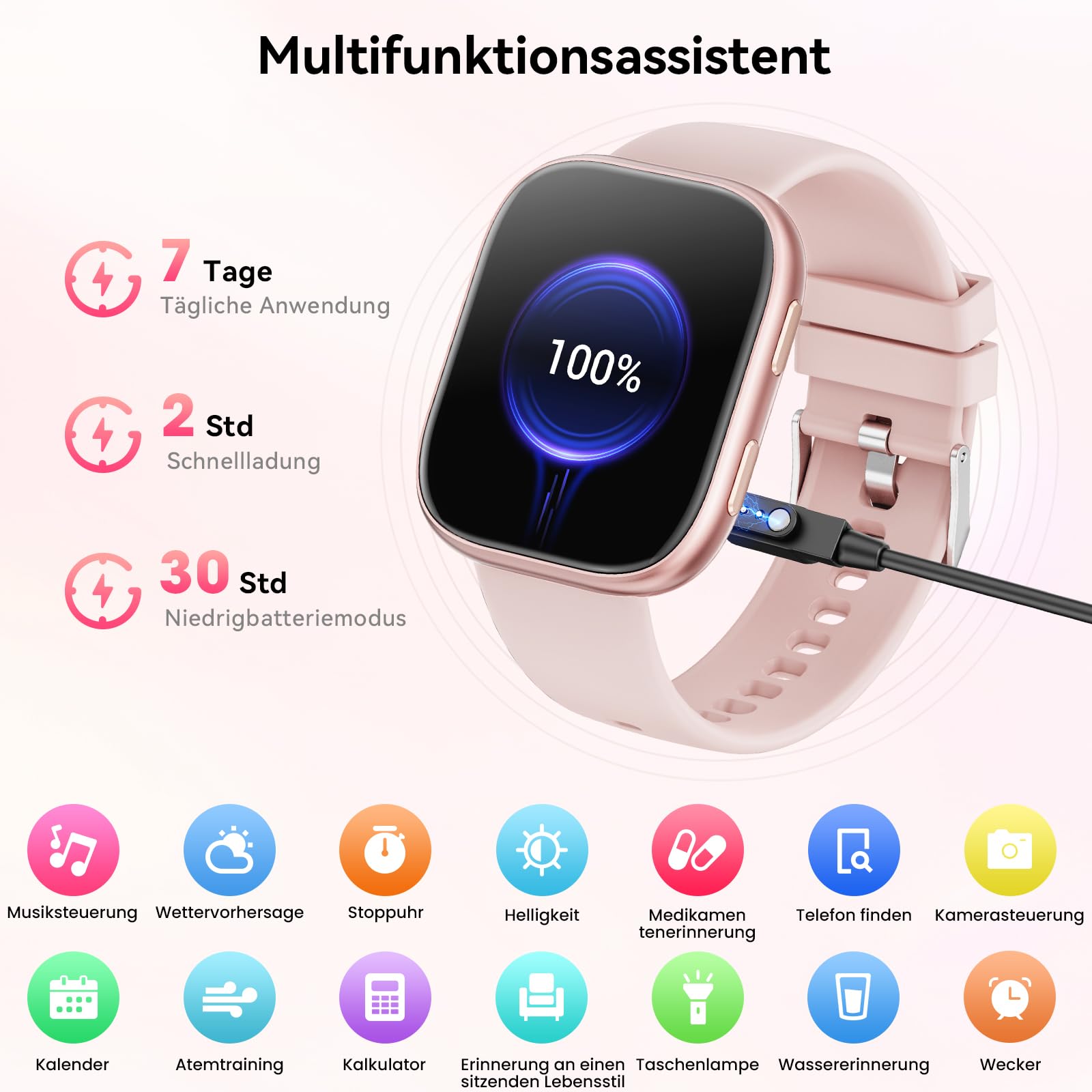Smartwatch Damen mit 7 Armbänder & Geschenkbox, 1.83" HD Smartwatch mit Bluetooth-Anruf, Fitness Tracker mit SpO2, Pulsmesser, Schlafmonitor, Schrittzähler, IP68 Wasserdicht, 100+ Sportmodi(Hellrosa)