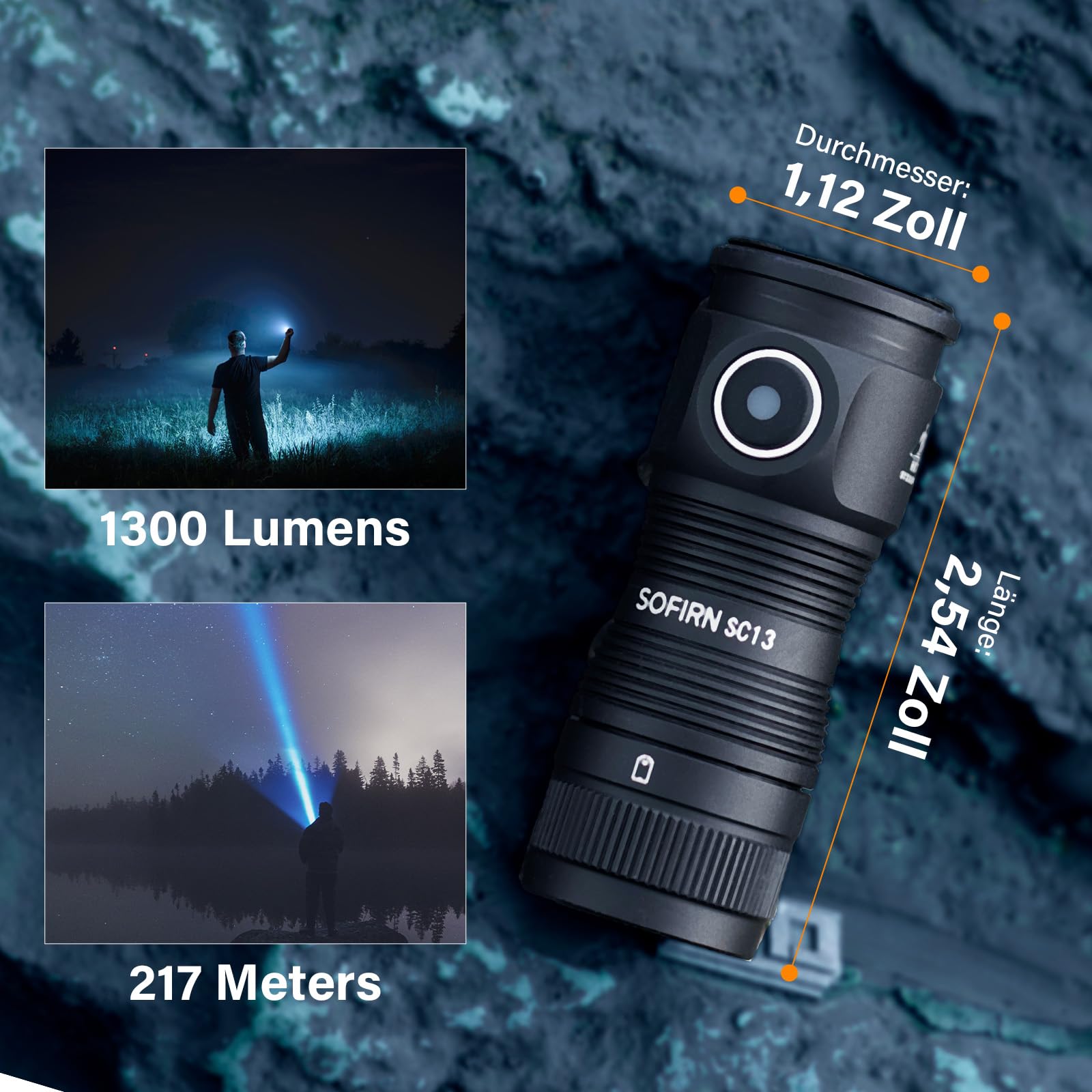 CSTEBOKE Sofirn SC13 Mini torcia a LED ricaricabile, 1300 lm, piccola torcia a LED, estremamente luminosa con 5 modalità, IP68, impermeabile EDC per campeggio, escursioni, emergenze, torcia elettrica