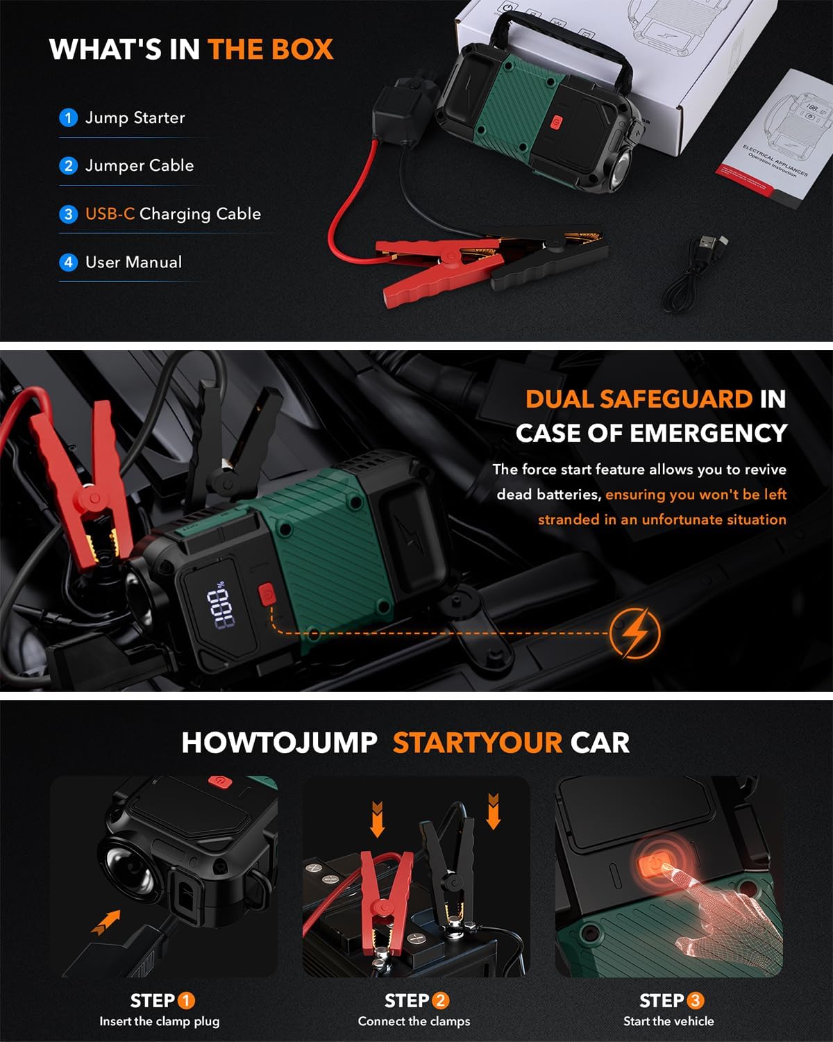 Portable Car Battery Jump Starter, 3000A - 12V Portable Jump Box for 6.0L Diesel & 8.0L Gas, Compact Battery Jump Pack, Extended Smart Jumper Cables Equipped, USB Outputs, and Lights