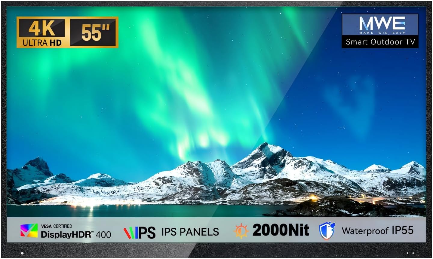 MWE 55" Outdoor TV, Weatherproof Television, All-Weather Smart TV, 2000Nit Ultra-Bright 4K UHD, Voice Control, WebOS System, Perfect for Backyard, Poolside, Deck, RV & Outdoor Parties