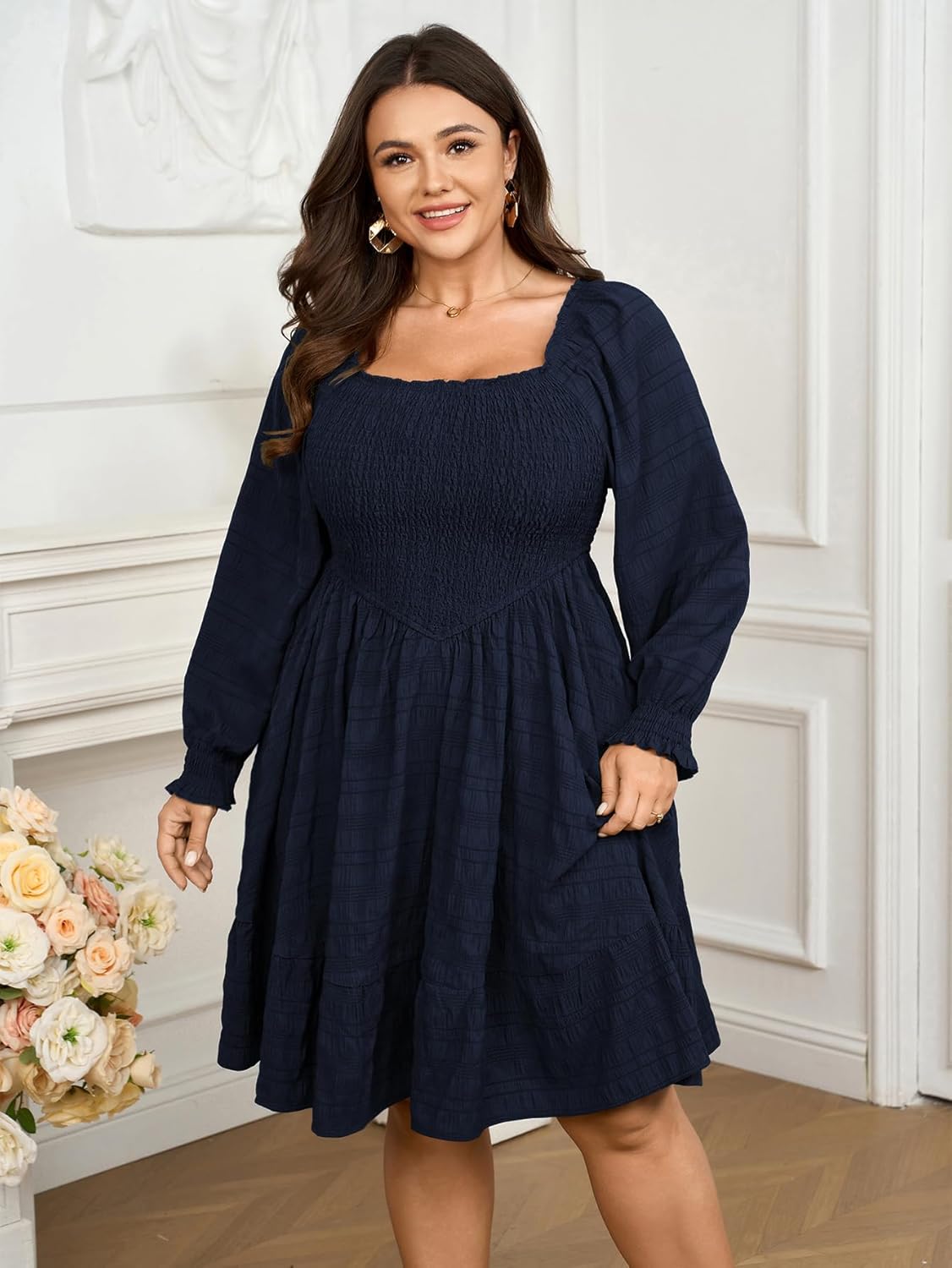 Womens Plus Size Dress Fall Casual Puff Long Sleeve Square Neck Empire Waist Tiered A-line Mini Short Dress - Image 4