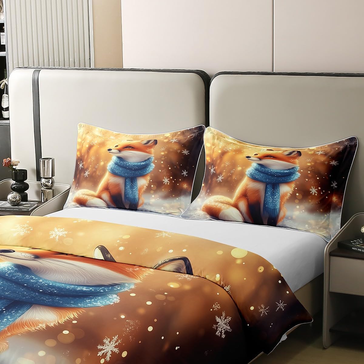 100% Natural Cotton Fox Duvet Cover Full Size for Kids Boys,Winter Cartoon Animals 3 Pieces Duvet Cover,New Year Fox Farmhouse Style Comforter Cover (Not Comforter),Dreamy Snow Night Quilt Cover