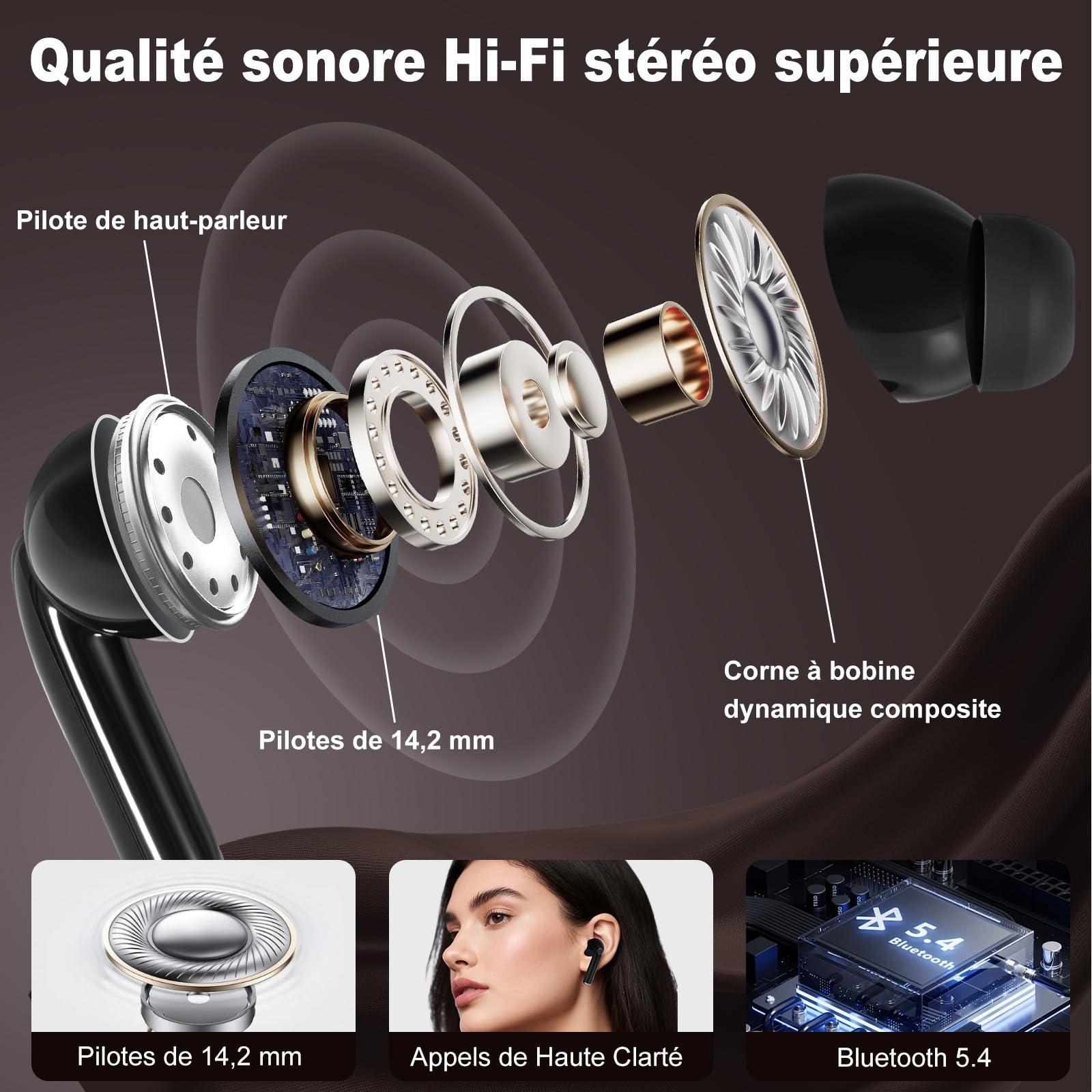 Écouteurs Bluetooth avec écran tactile, écouteurs intra-auriculaires sans fil, Bluetooth 5.4, avec annulation du bruit ANC+ENC, étanchéité IPX7, noir